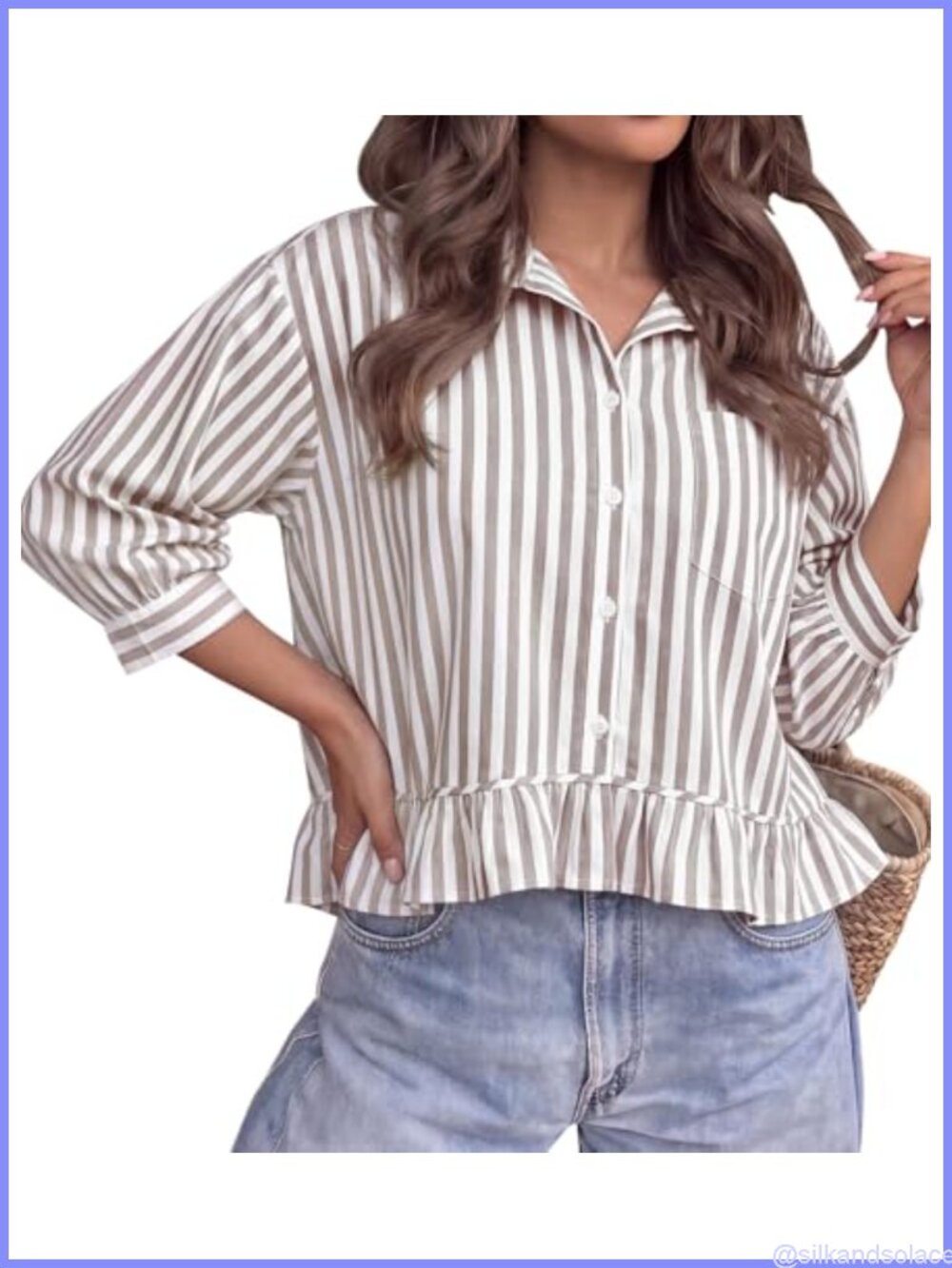 Womens Striped V Neck 3/4 Sleeve Button Down Blouse Cotton Oversized